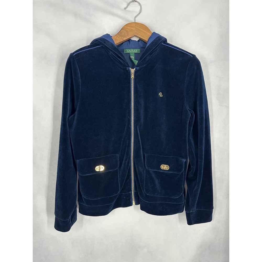 Y2K‎ LRL Navy & Gold Velour Cotton Zip Up Hoodie Women's Size Large Preppy